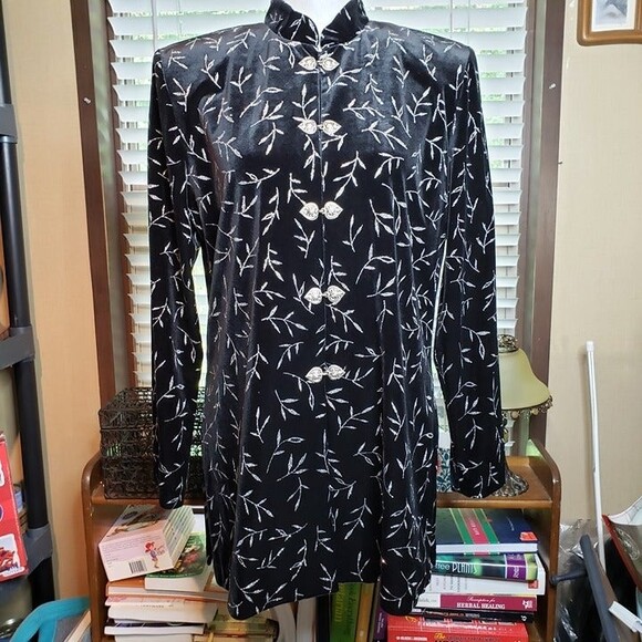 Elegant Vintage 90s Womens L Black Velvet with Silver Bamboo Dress Jacket - Picture 3 of 12